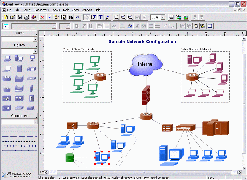 LanFlow is a drawing tool for laying out, designing, and documenting a network, LAN, internet, or other communications system.